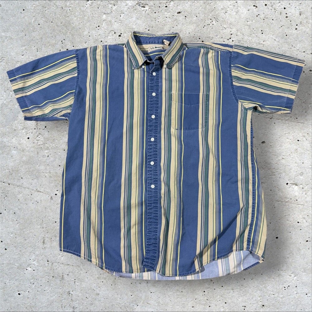 Vintage 90s LL Bean Striped Button Down Shirt Mens XL Tall Short Sleeve Cotton